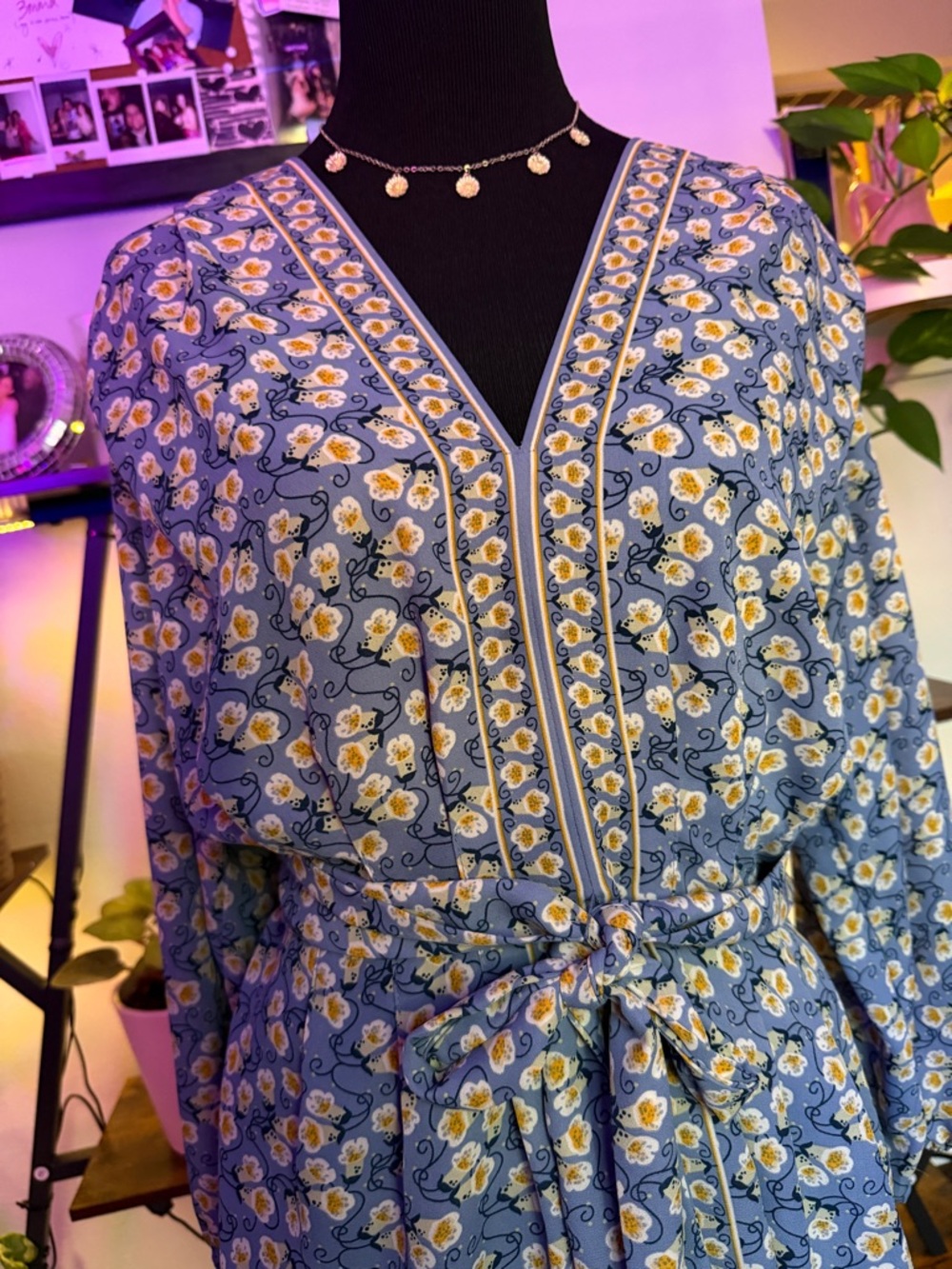 Blue Floral V-Neck Tie-Waist Top